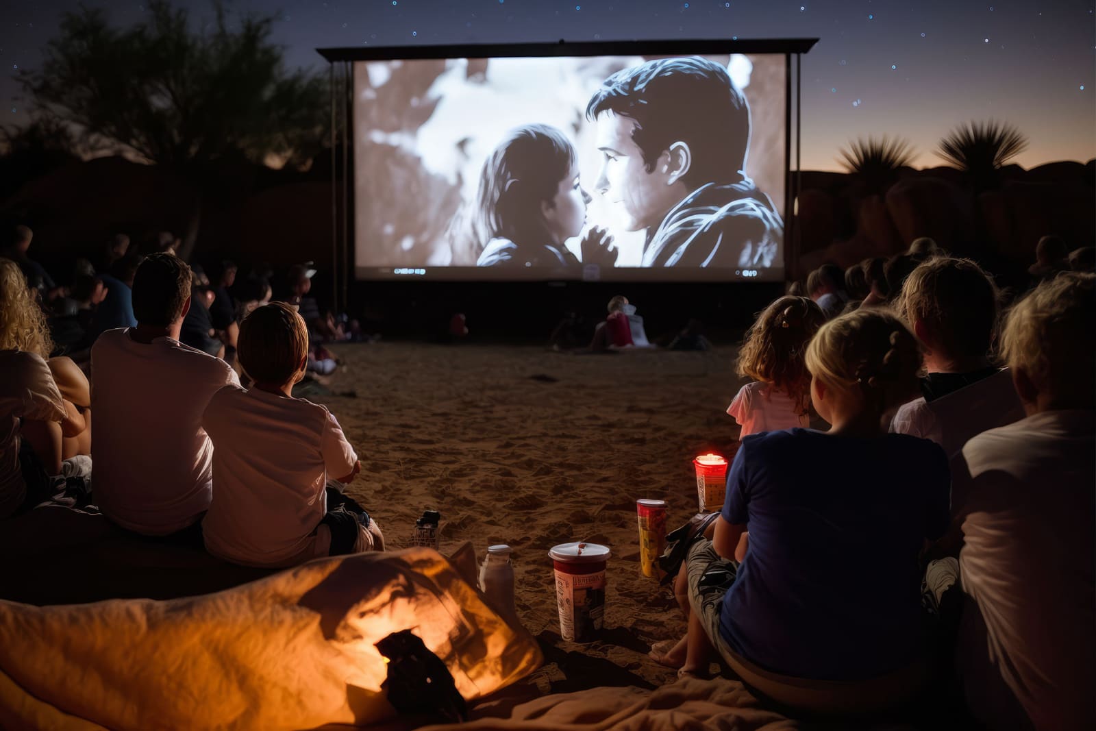 A group of people sat in a faux desert setting watching a captivating movie on a mobile cinema screen demonstrating how captivating exploring different film genres can be.