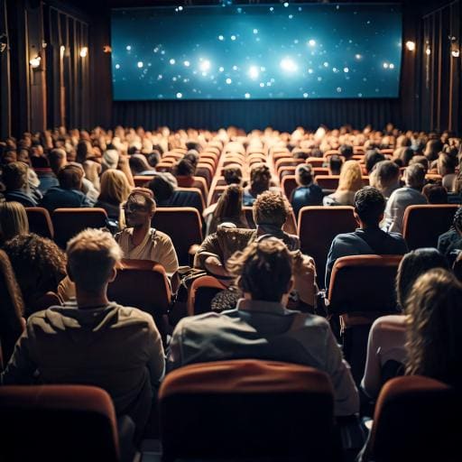 A crowded group of individuals watching a film in the cinema.