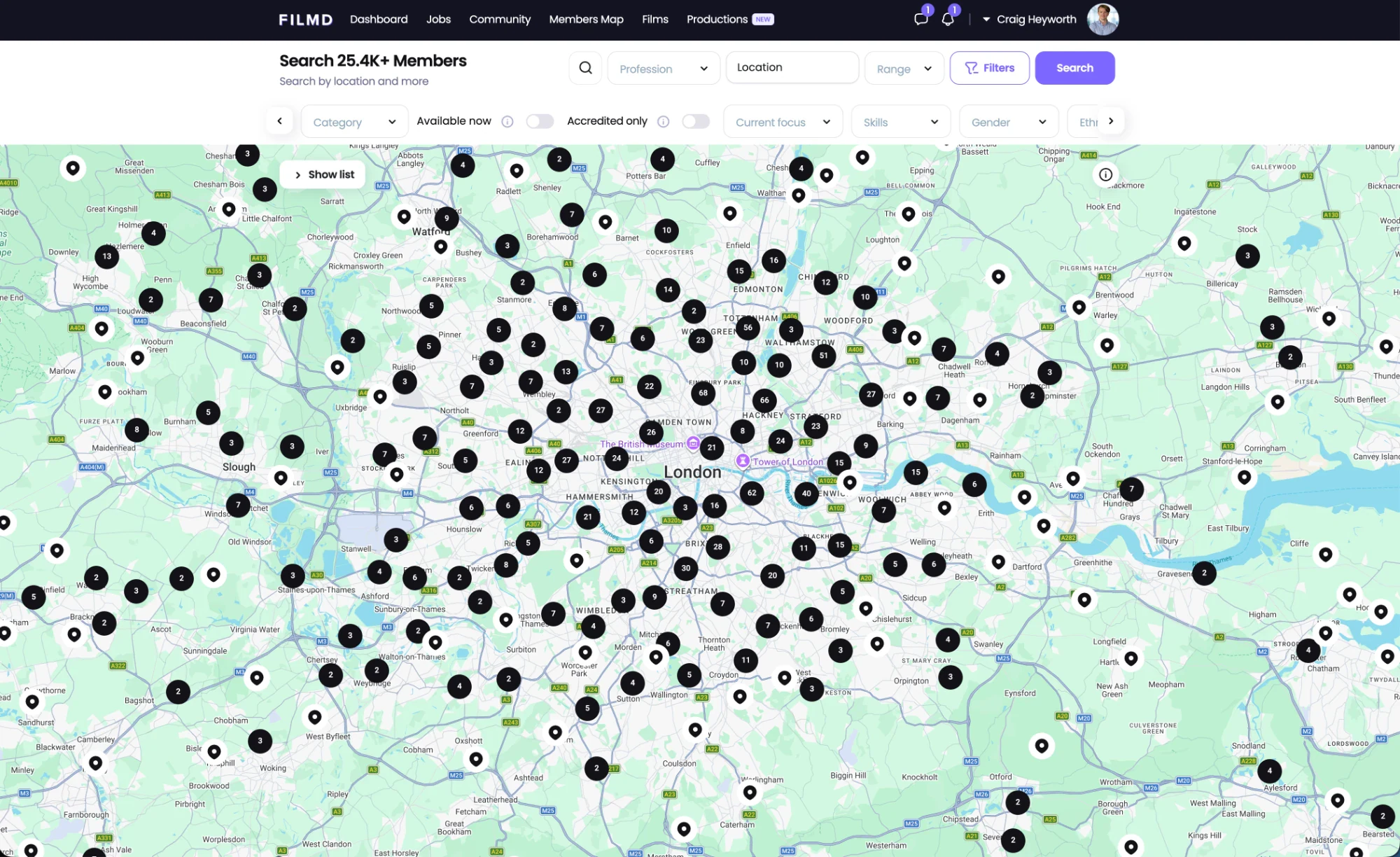 The FILMD members map around London, with member counts clustered across the city.