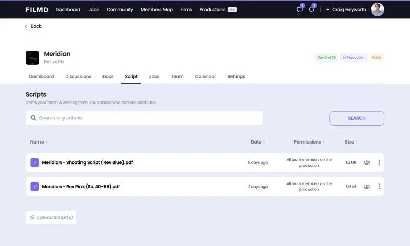 Scripts shared inside a FILMD production, with permissions for who can read each draft.