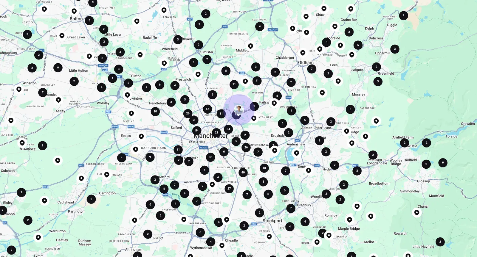FILMD members map showing crew pins across Manchester