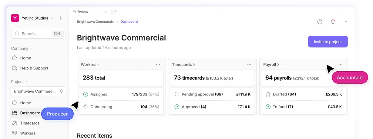 FILMD Pay dashboard showing workers, timecards and payroll overview