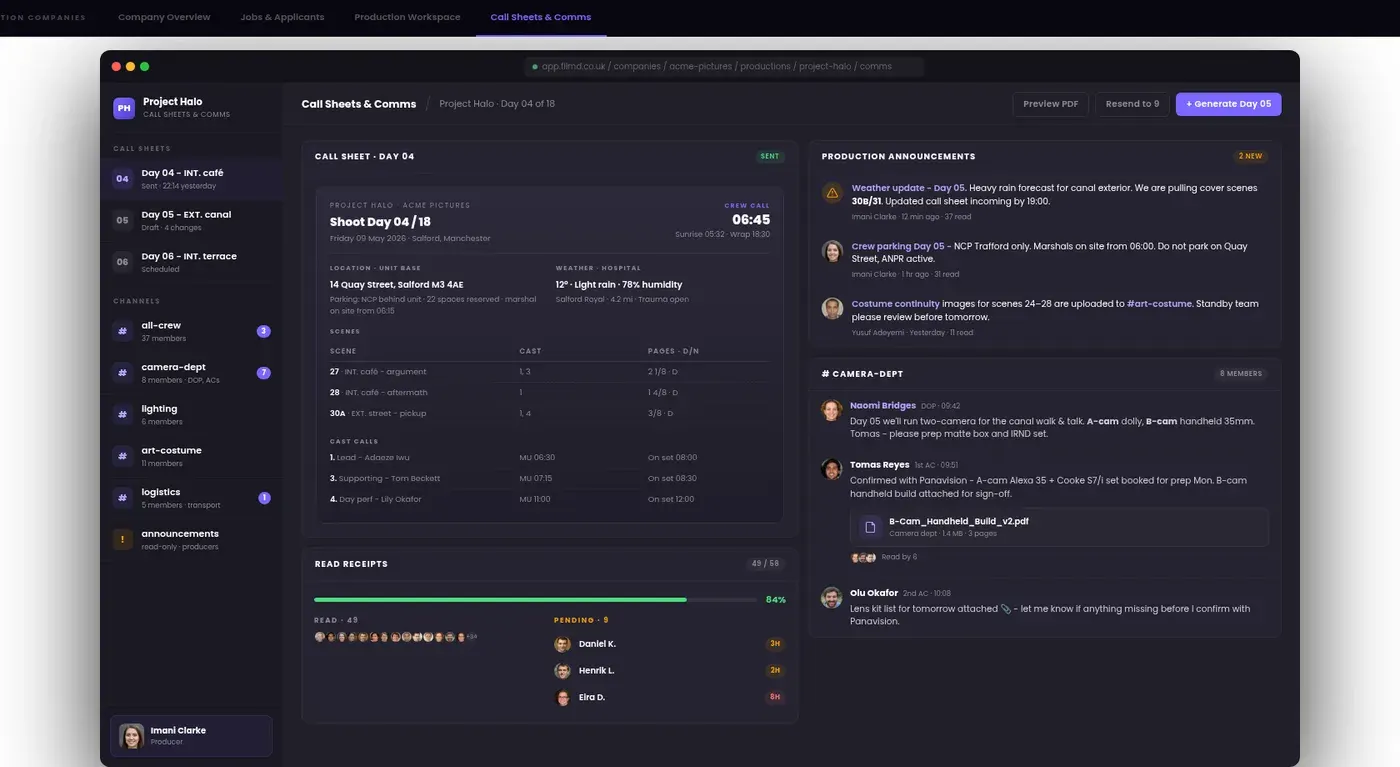 FILMD production company dashboard - Call Sheets & Comms