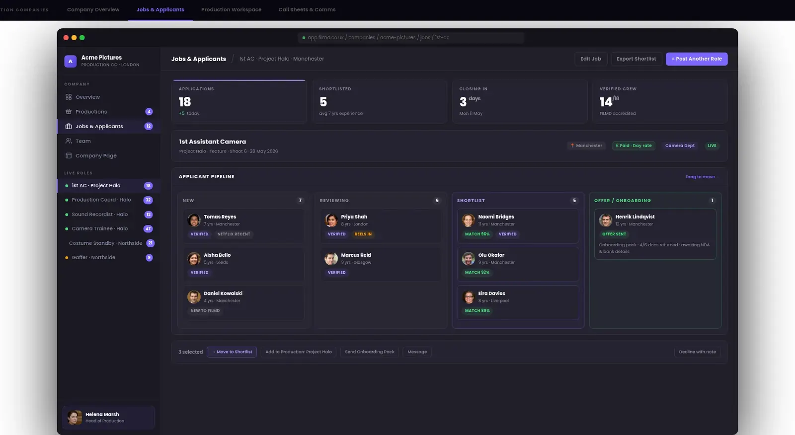 FILMD production company dashboard - Jobs & Applicants