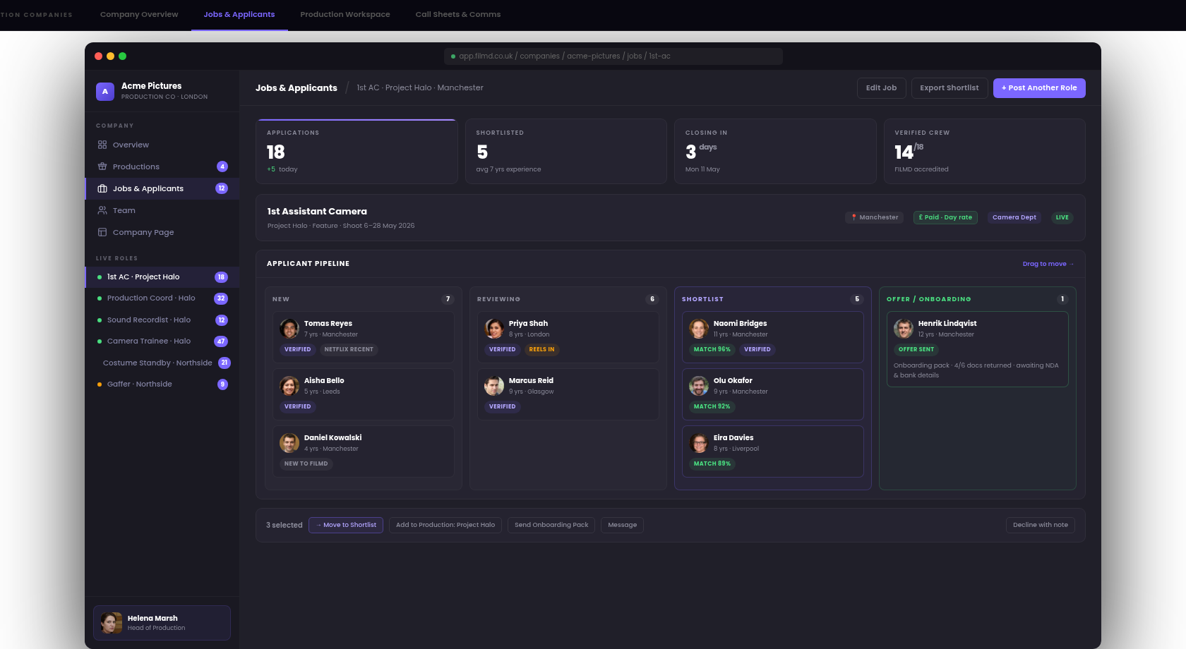 FILMD production company dashboard - Jobs & Applicants